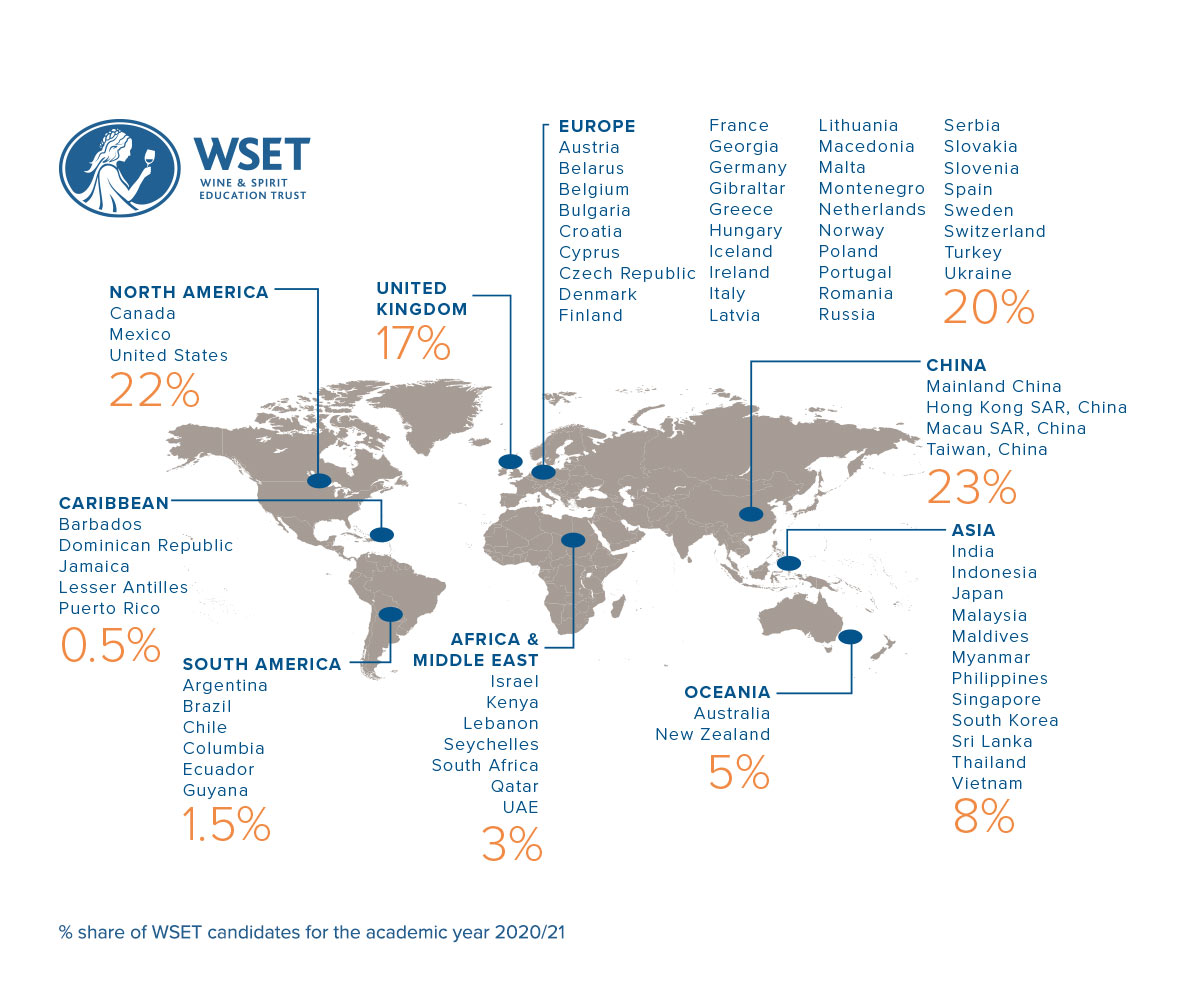 A map showing the market share of WSET candidates by region around the world.