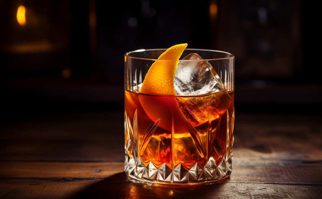 Old fashioned cocktail with orange zest