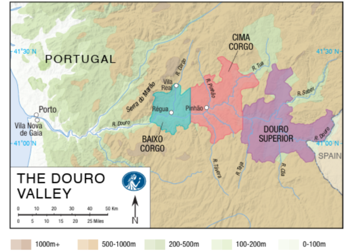 An illustrated map that shows where the Douro Valley is located in Portugal.