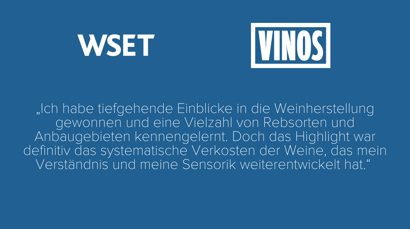 Zitat von Martina aus dem VINOS-Team Finanzen über ihre WSET-Schulung, die ihr Wissen über Weinproduktion, Rebsorten und Sensorik vertieft hat.