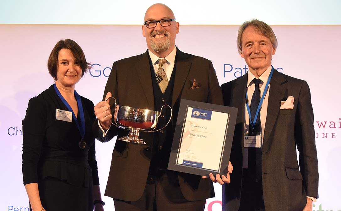 Timothy Clark being presented with the Vinters’ Cup. (Left to right: Ann Hill, Worshipful Company of Vintners; Timothy Clark, prize winner; Steven Spurrier, WSET Honorary President)